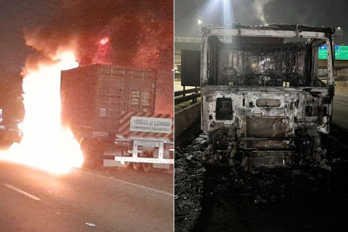 Carreta com café pega fogo na Anchieta