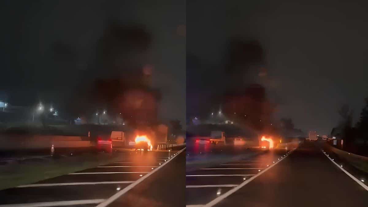 Carro pega fogo na Rodovia Anhanguera